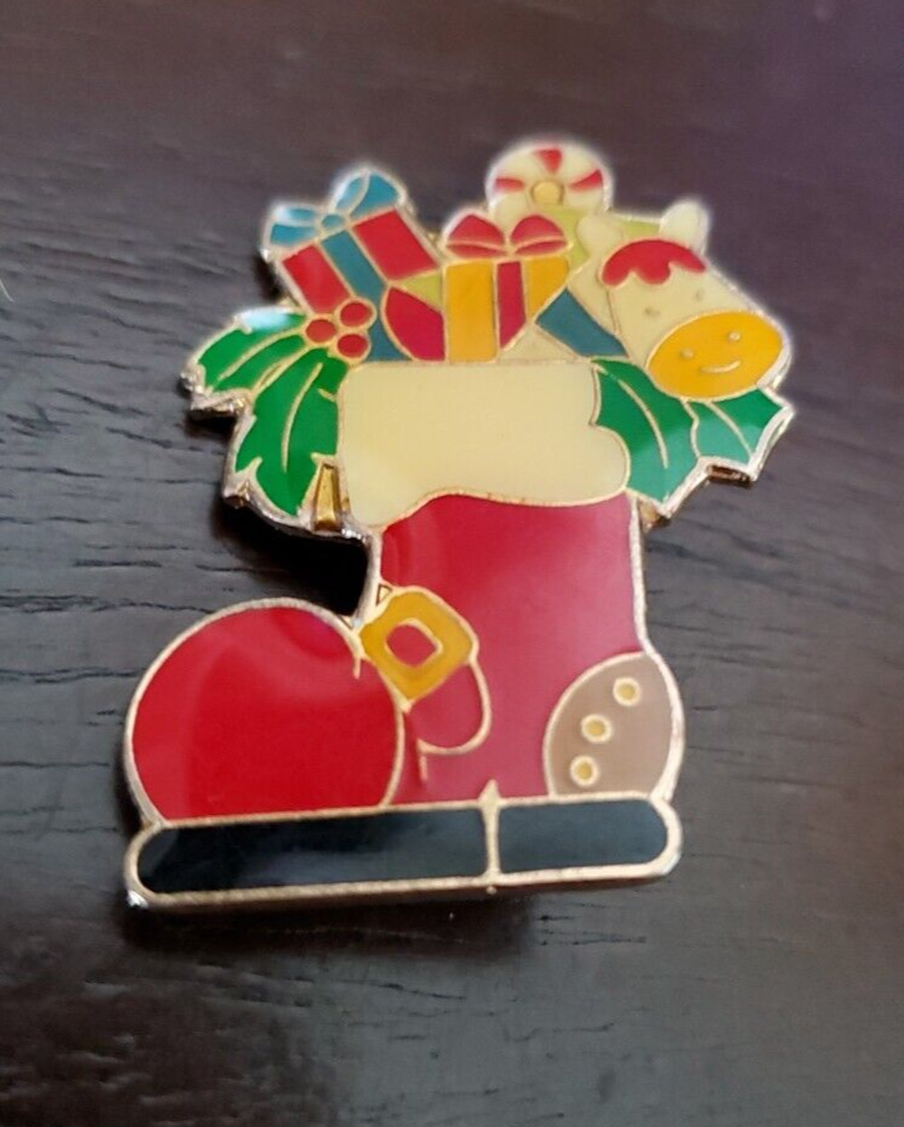 Vintage Festive Enamel Christmas Boot Gold-Tone Brooch Pin Lapel Winter
